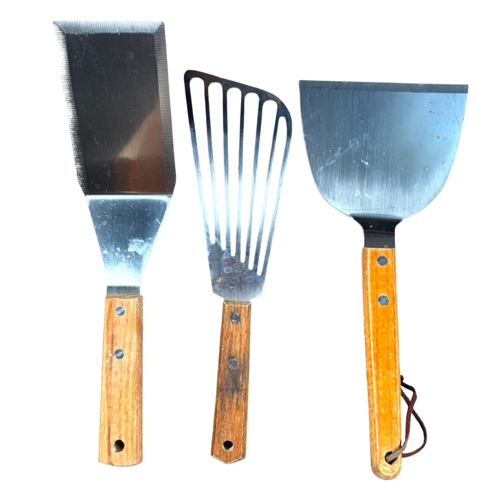 Vintage Stainless Steel Spatula Set 3pc Wood Handle Fish Turner Griddle Scraper
